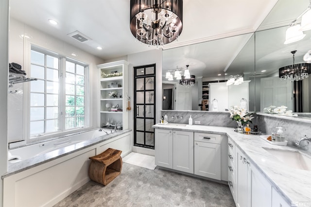 bathroom featuring plus walk in shower, backsplash, a chandelier, and vanity