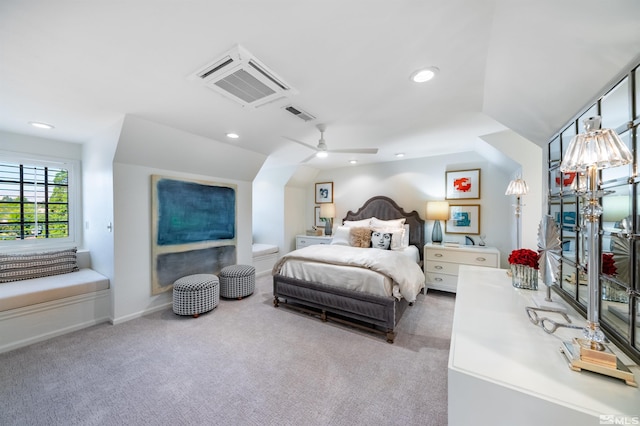 bedroom with ceiling fan and carpet