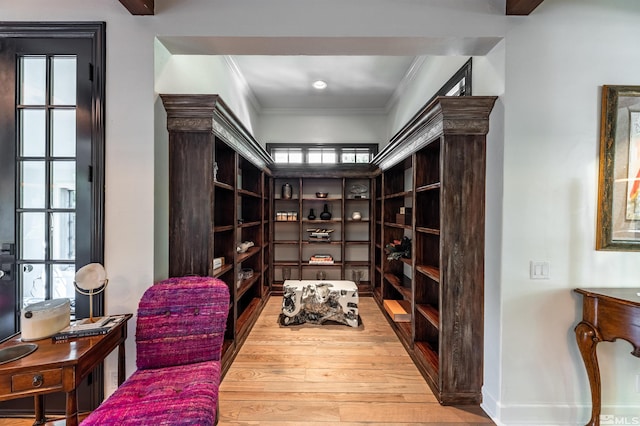 wine cellar with ornamental molding and light wood-type flooring