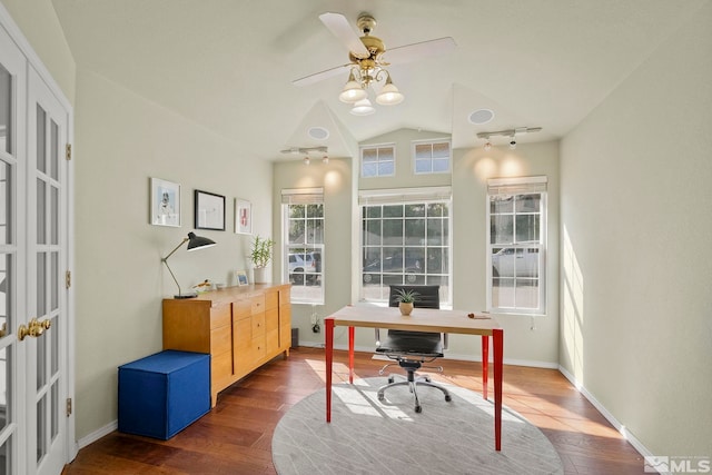 office featuring ceiling fan, lofted ceiling, and dark wood-type flooring