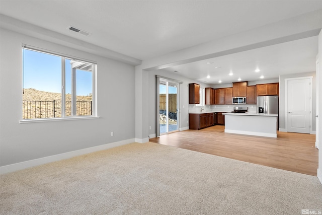 kitchen with a healthy amount of sunlight, light hardwood / wood-style floors, appliances with stainless steel finishes, and a kitchen island