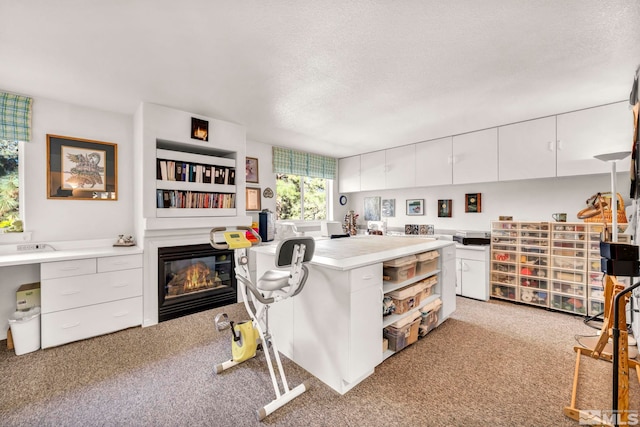 kitchen with a textured ceiling, white cabinetry, and light colored carpet