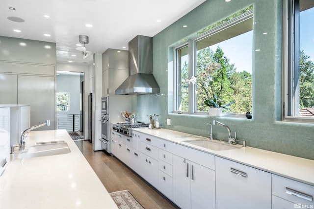 kitchen with white cabinets, wall chimney exhaust hood, plenty of natural light, and sink