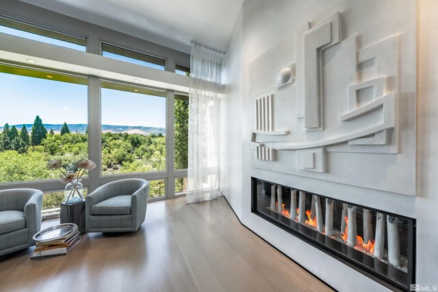 living area featuring a towering ceiling and hardwood / wood-style floors