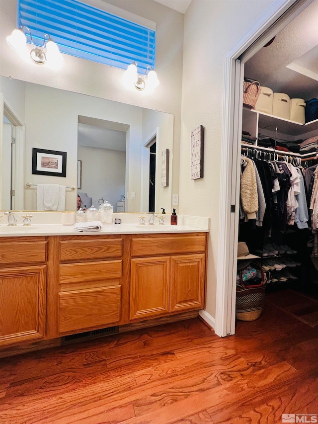 bathroom with wood-type flooring and vanity