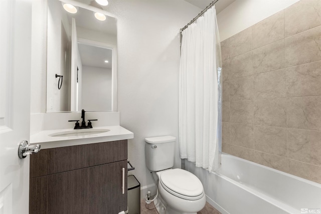 full bathroom with vanity, toilet, and shower / bath combination with curtain