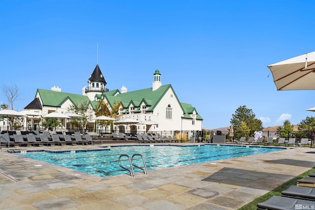 view of swimming pool featuring a patio area