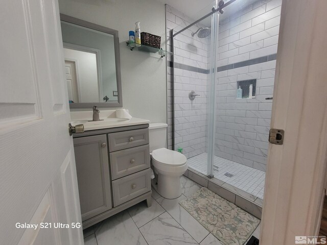 bathroom featuring toilet, vanity, and a shower with shower door