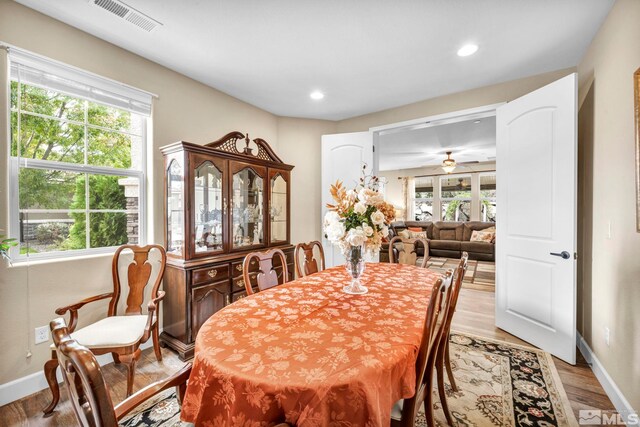 dining area with ceiling fan, light wood-type flooring, and a healthy amount of sunlight