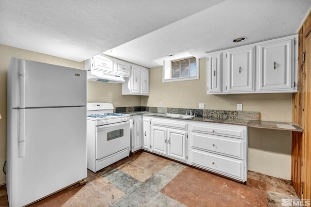 kitchen featuring a textured ceiling, white appliances, sink, and white cabinets