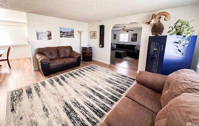 living room featuring a textured ceiling, plenty of natural light, and light hardwood / wood-style floors