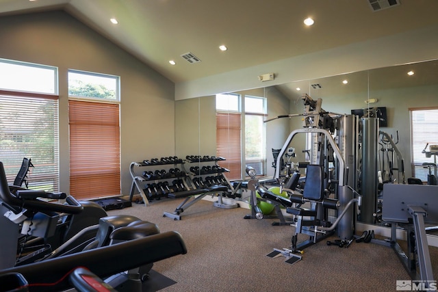 workout area with high vaulted ceiling