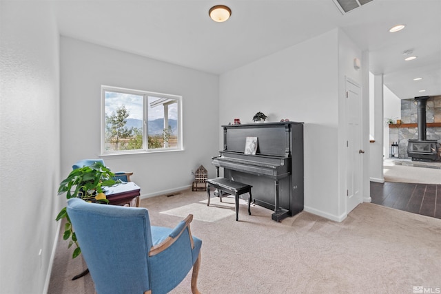 living area with light carpet and a wood stove