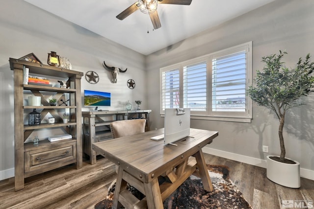 dining space with ceiling fan and wood-type flooring