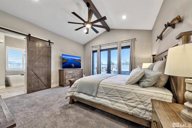 bedroom featuring ceiling fan, lofted ceiling with beams, access to exterior, and multiple windows