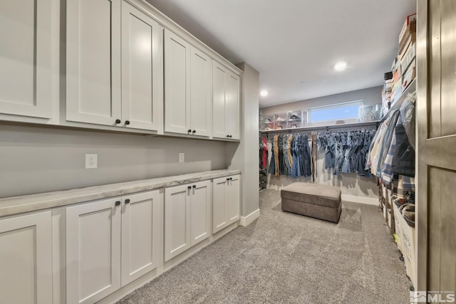 walk in closet with light carpet