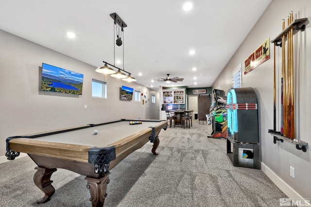 rec room featuring ceiling fan, light colored carpet, and pool table