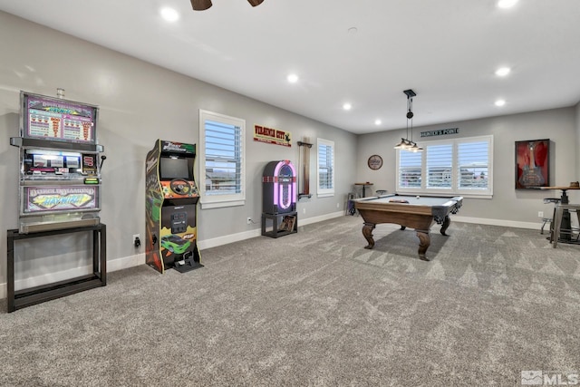 game room featuring pool table, ceiling fan, and carpet