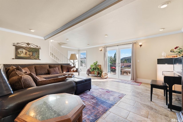 living room with ornamental molding