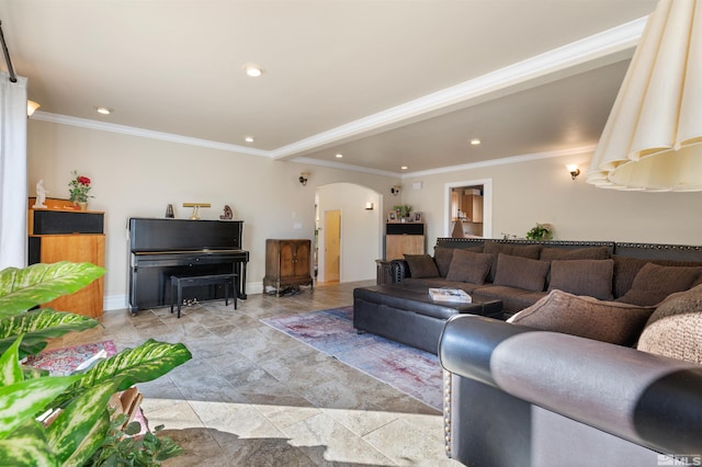 living room with crown molding