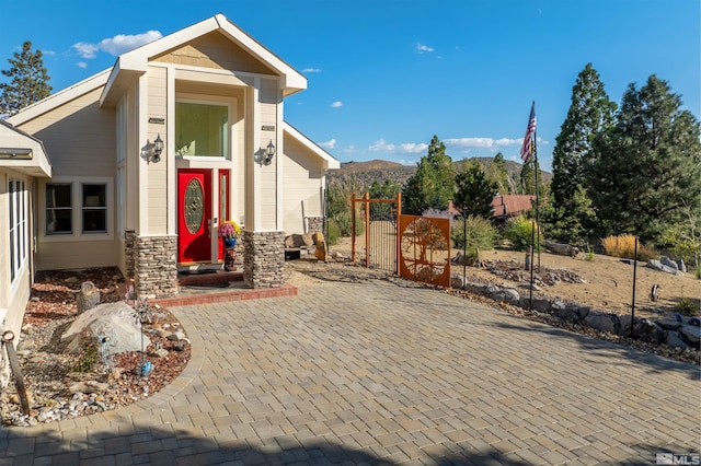 view of patio / terrace featuring a mountain view