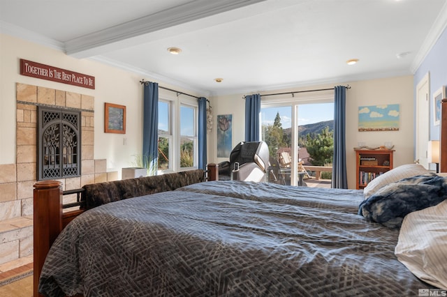 bedroom with access to exterior, crown molding, beam ceiling, and a mountain view