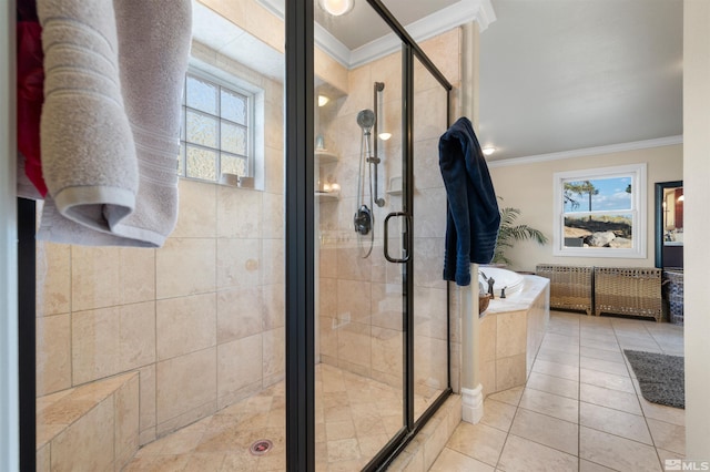 bathroom with a healthy amount of sunlight, crown molding, tile patterned floors, and shower with separate bathtub