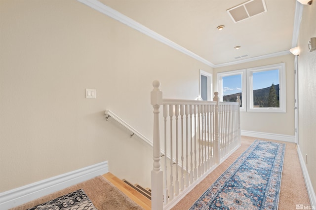 hall with crown molding and light colored carpet