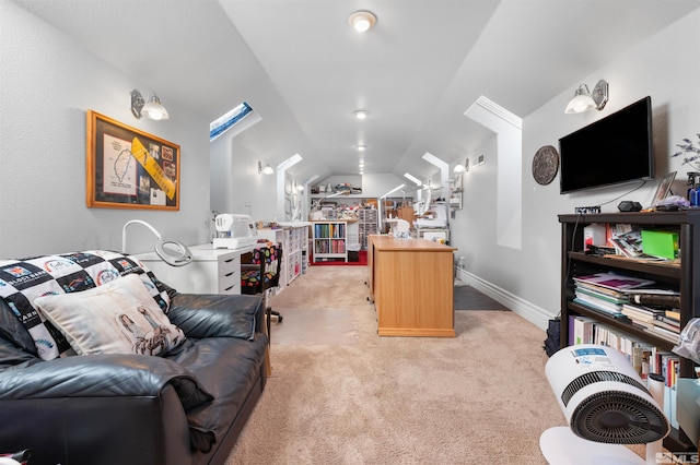 office featuring light colored carpet and vaulted ceiling