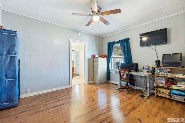 office featuring ornamental molding, ceiling fan, and wood-type flooring