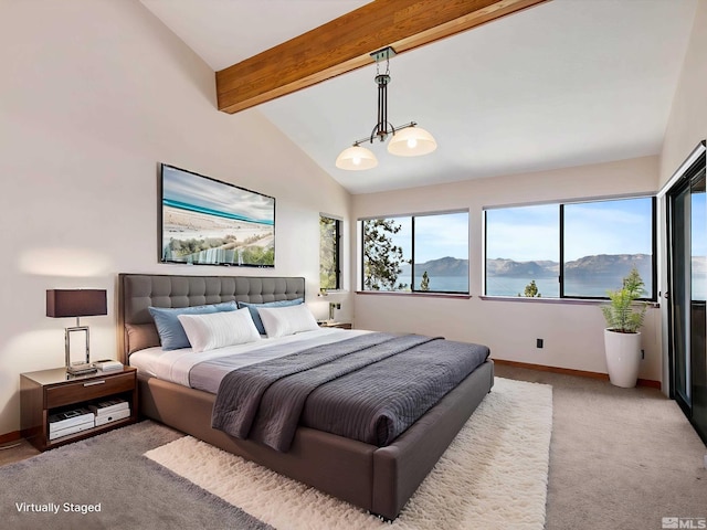 carpeted bedroom with high vaulted ceiling, beam ceiling, and a mountain view