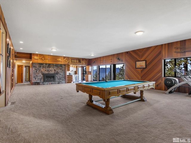 rec room featuring carpet floors, billiards, wood walls, and a healthy amount of sunlight