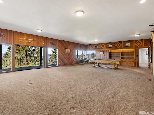 interior space with wooden walls, carpet flooring, and a wealth of natural light