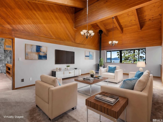 living room featuring beamed ceiling, an inviting chandelier, and wood ceiling