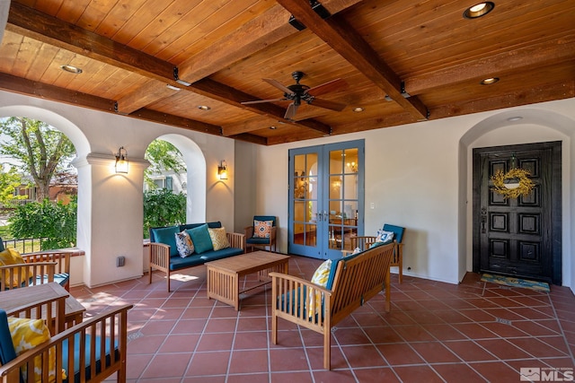 view of patio / terrace with french doors, an outdoor hangout area, and ceiling fan