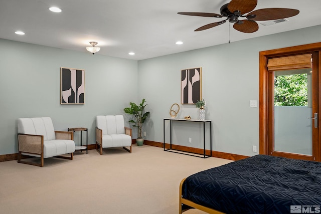 bedroom featuring carpet flooring and ceiling fan