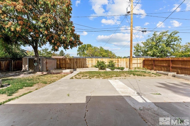 view of yard with a shed and a patio area