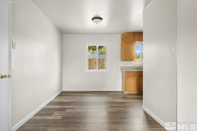 unfurnished dining area featuring dark hardwood / wood-style flooring