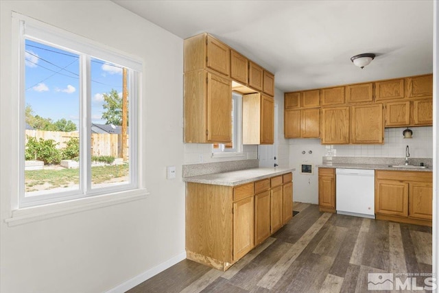 kitchen featuring dark wood-type flooring, decorative backsplash, sink, and white dishwasher