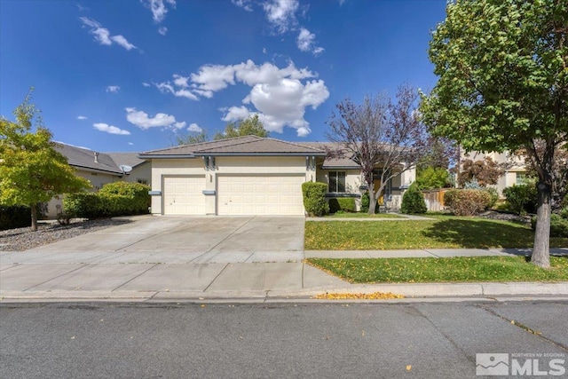 single story home featuring a front yard and a garage