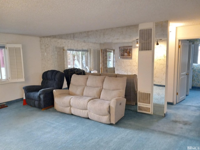 living room featuring carpet flooring and a textured ceiling