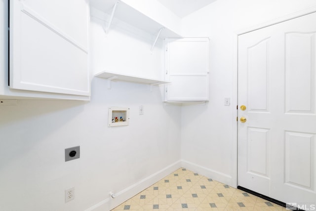 washroom with washer hookup, baseboards, cabinet space, and electric dryer hookup