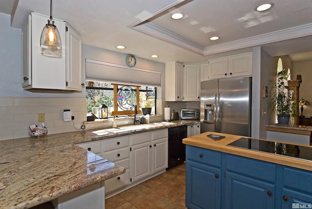 kitchen with black appliances, blue cabinets, and white cabinetry