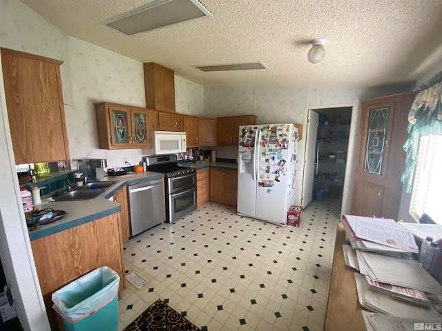 kitchen with appliances with stainless steel finishes, sink, and a textured ceiling