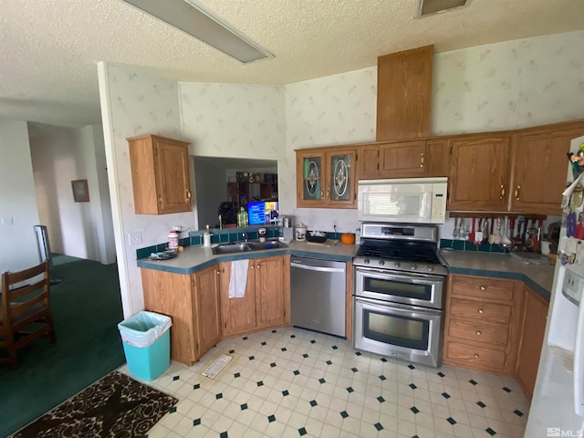 kitchen featuring sink, stainless steel appliances, and a textured ceiling