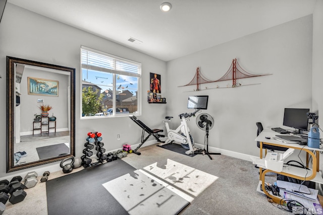 workout room featuring carpet