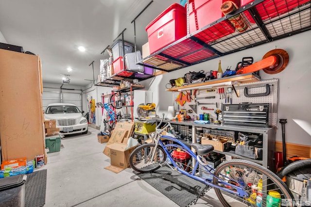 garage with a workshop area