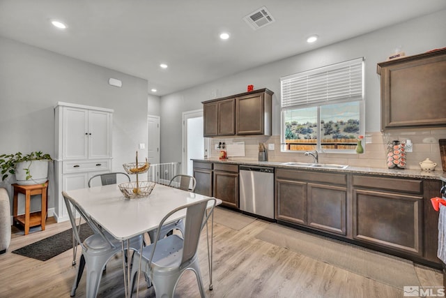 kitchen featuring sink, decorative backsplash, stainless steel dishwasher, and light hardwood / wood-style flooring