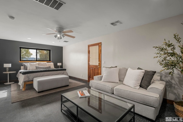 carpeted bedroom featuring ceiling fan