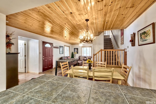 dining space featuring a notable chandelier, wood ceiling, and wood-type flooring